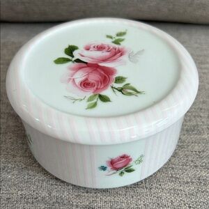 Delicate Rose Pink and White Floral and Stripes Ceramic Trinket Box